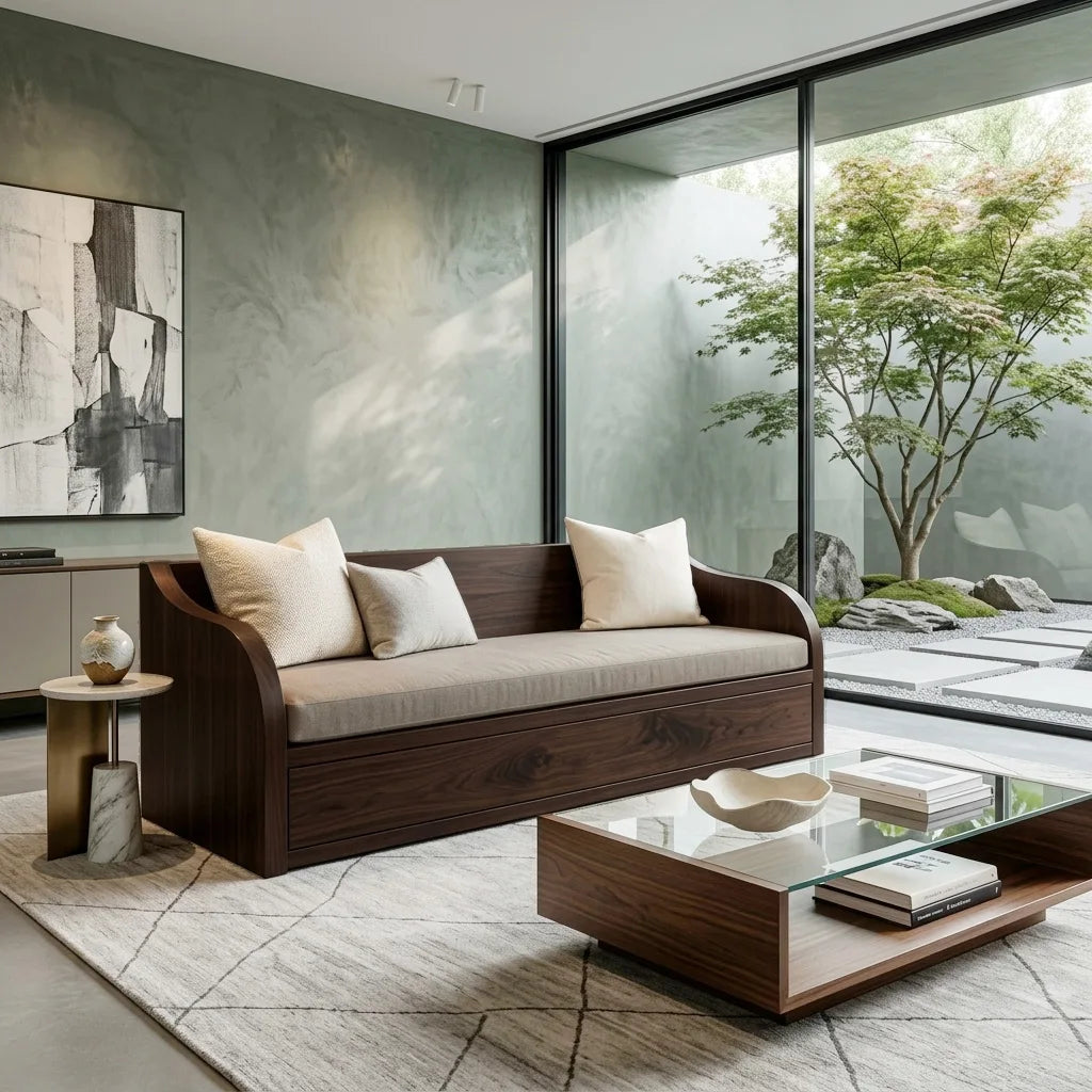 Contemporary Wooden Sofa With Long Drawer For Living Room