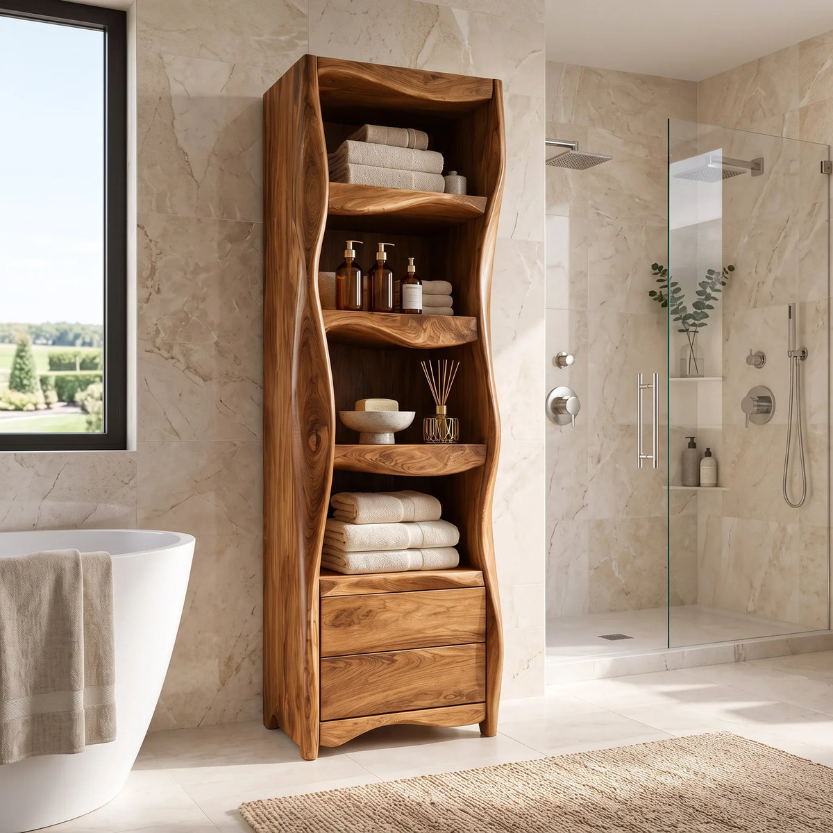 Organic Wavy Bathroom Cabinet With Open Shelves For Bathroom