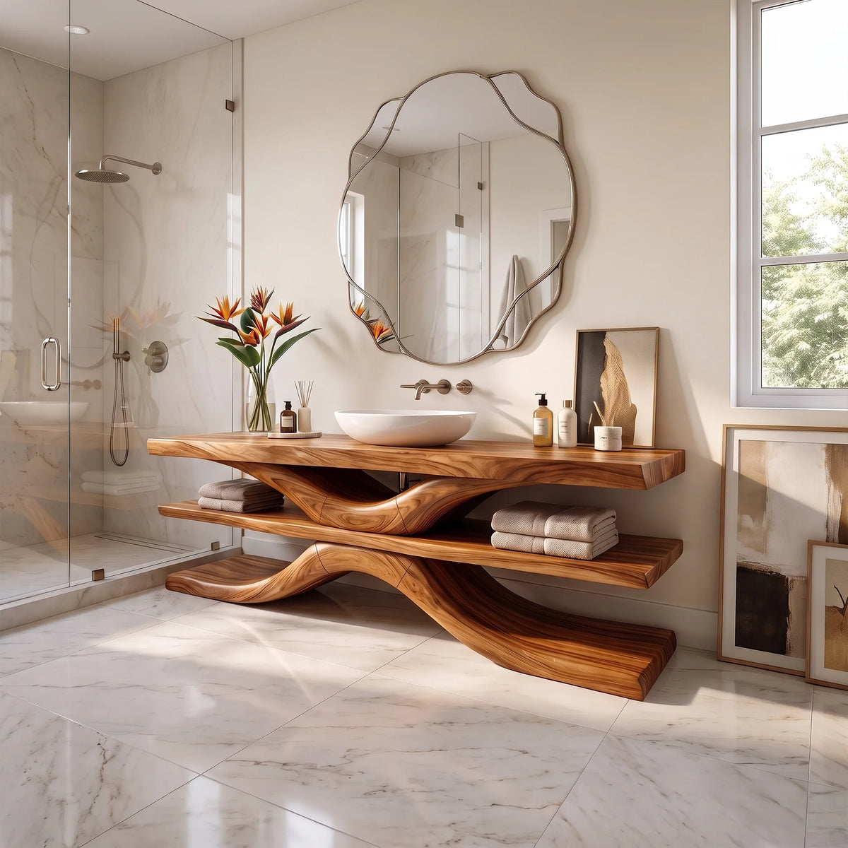 Sculptural Bathroom Vanity With Sink Modern Bathroom Vanity Wooden Bathroom Vanity Layered Open Shelves For Spa Bathroom