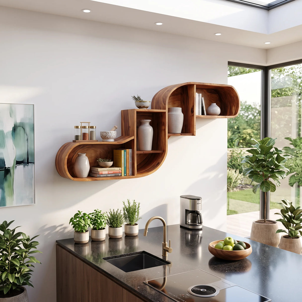 Mid Century Curved Wood Shelves For Home Bar