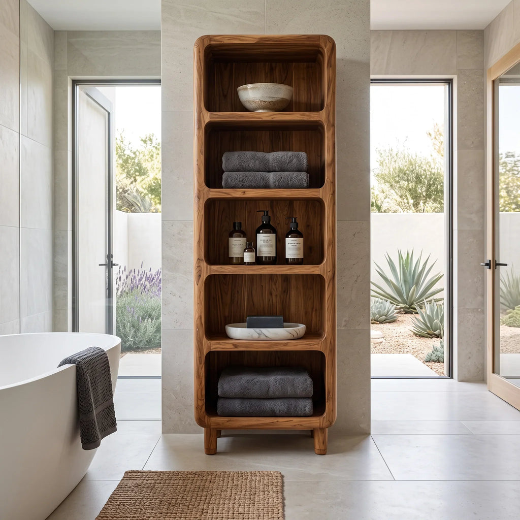 Modern Tall Bathroom Cabinet With Open Towel Shelves For Bathroom