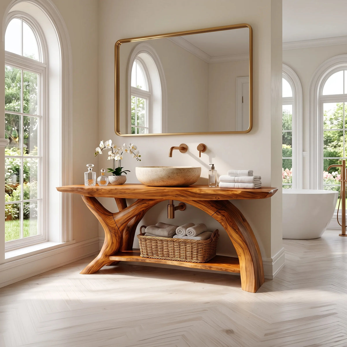 Elegant Solid Wood Bathroom Vanity Single Bathroom Vanity With Sink Open Shelf Design For Luxury Bathroom