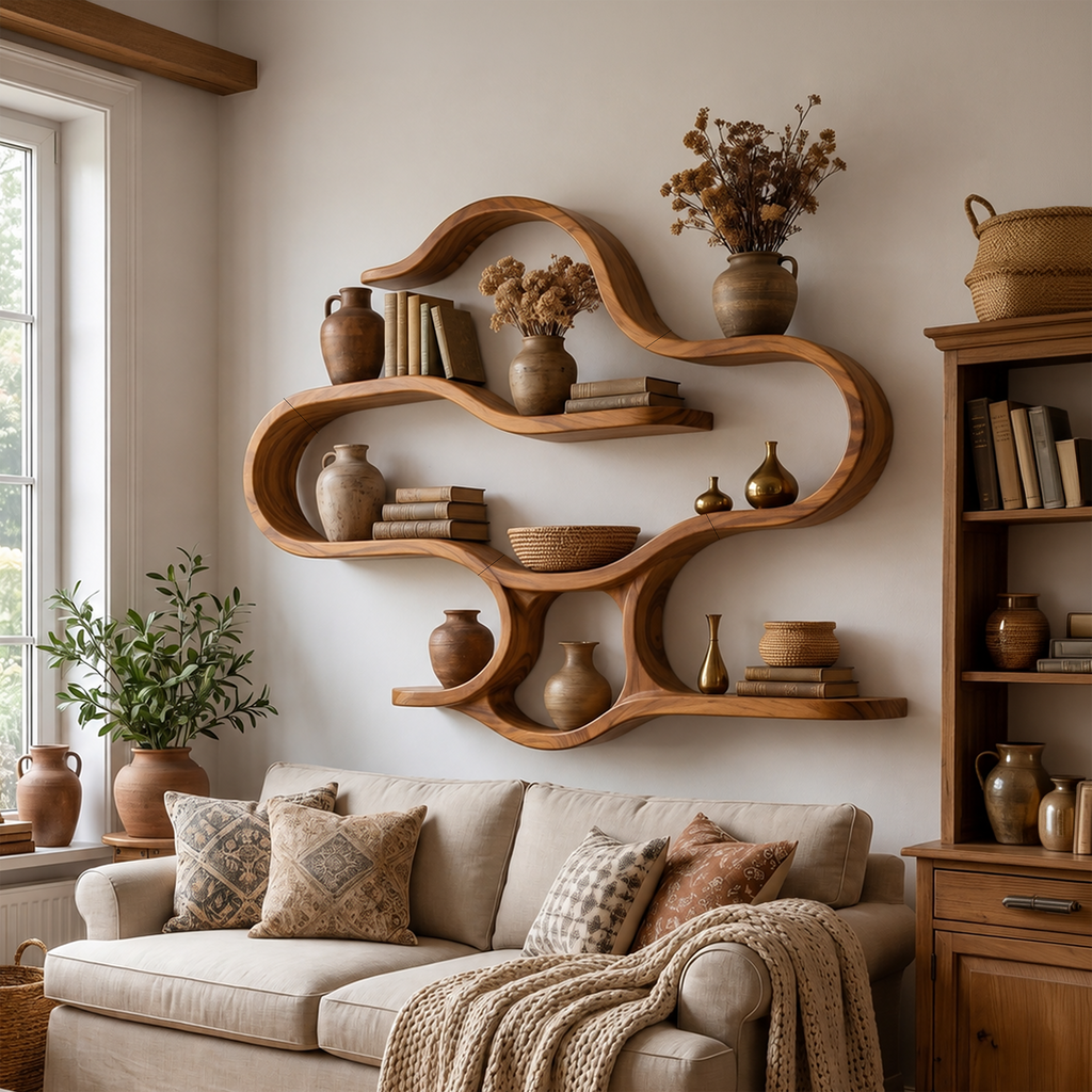 Boho Wooden Wall Mounted Display Shelves For Living Room