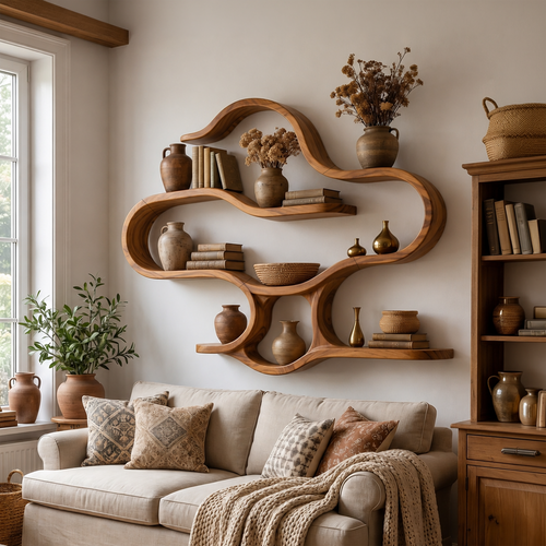 Boho Wooden Wall Mounted Display Shelves For Living Room