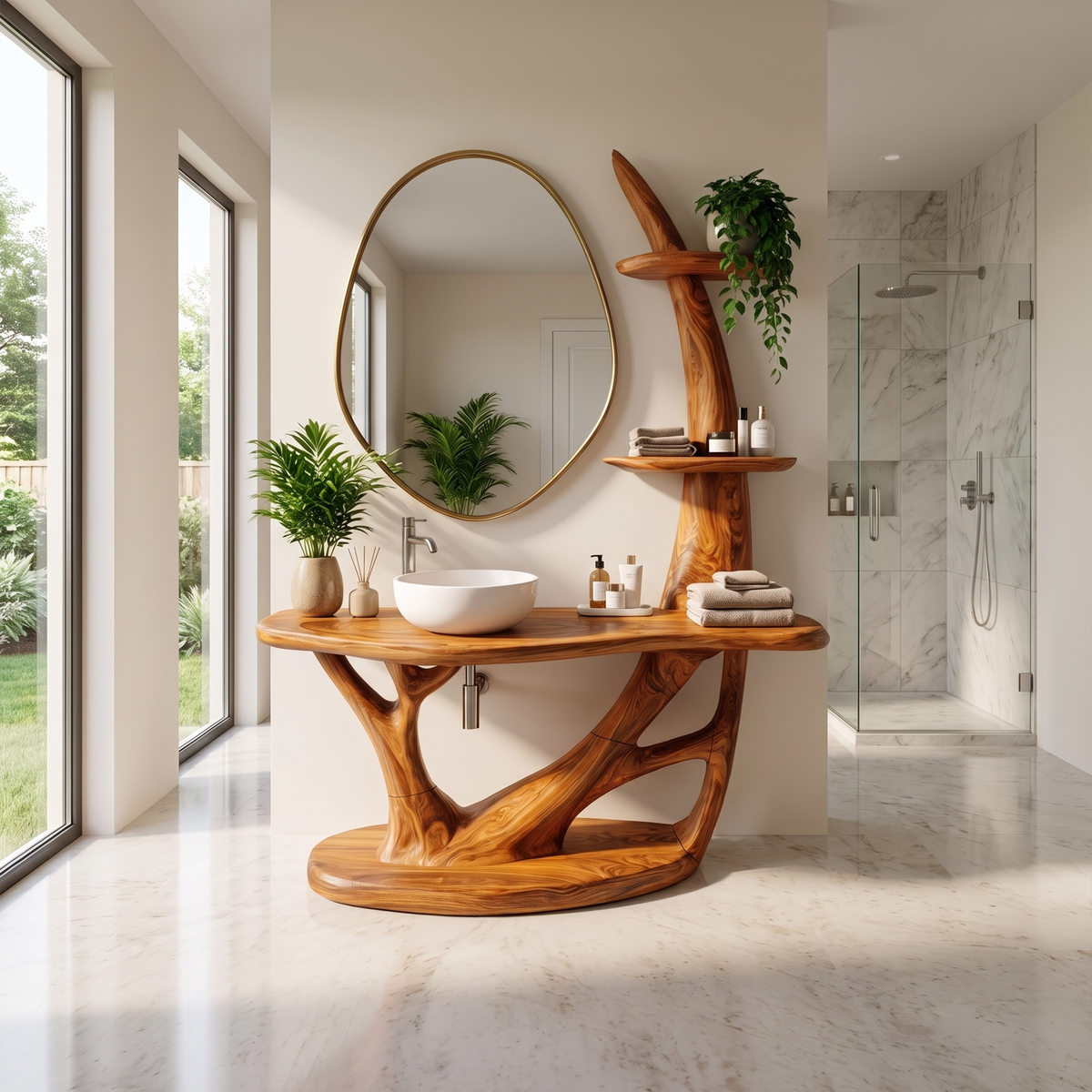 Sculptural Freestanding Bathroom Vanity Bathroom Vanity With Sink Modern Bathroom Vanity Integrated Side Shelves For Spa