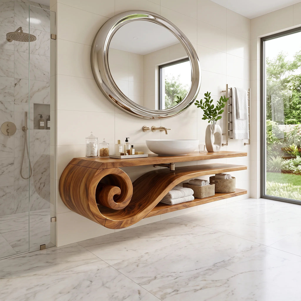 Calm Floating Bathroom Vanity Floating Bathroom Vanity With Sink Modern Bathroom Vanity Curved Open Shelves For Primary 