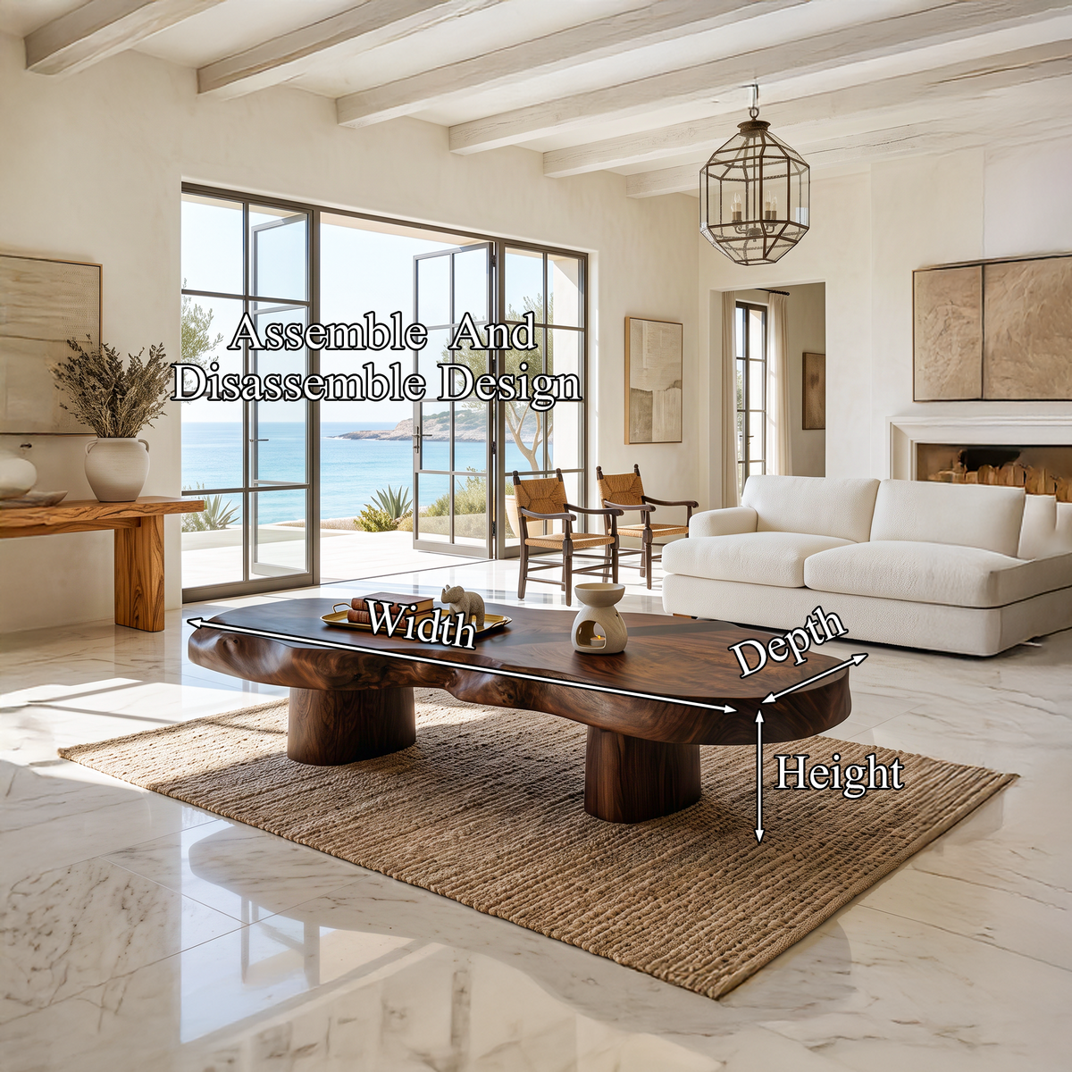 Modern Solid Wood Coffee Table With Sculptural Slab Top For Living Room