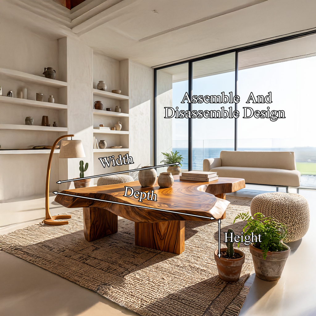 Modern Solid Wood Coffee Table With Sculptural Slab Top For Living Room