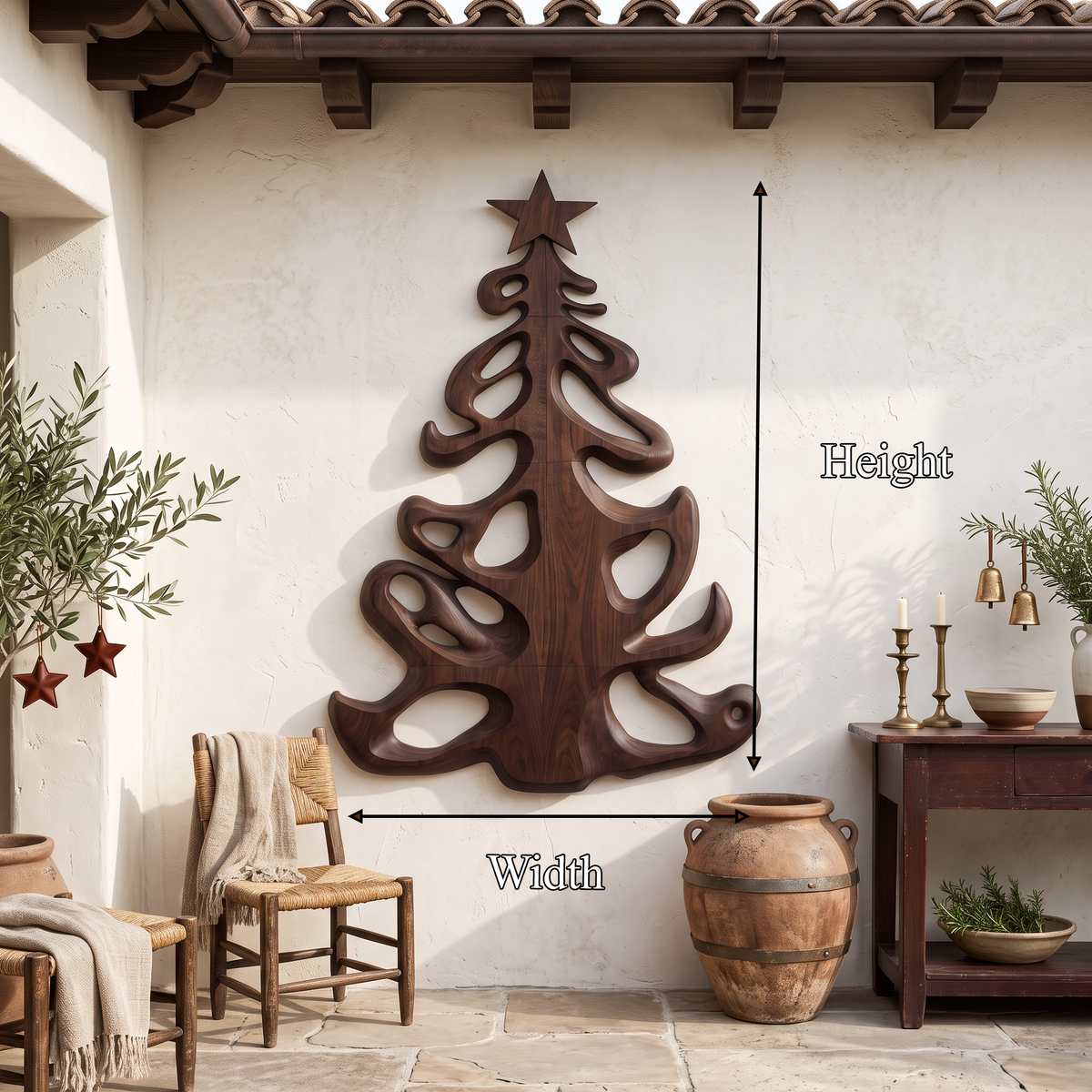 Organic Xmas Wooden Holiday Decor With Fluid Tree Silhouette For Entryway