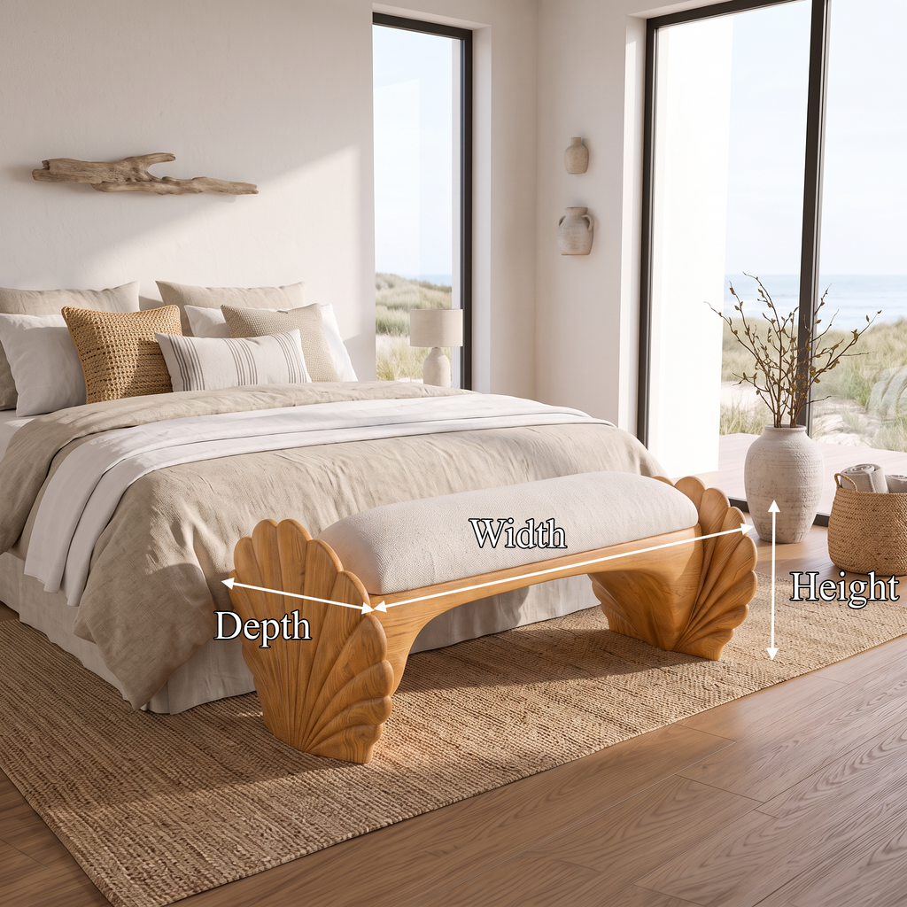 Natural Accent Bench With Seashell Carved Design For Bedroom