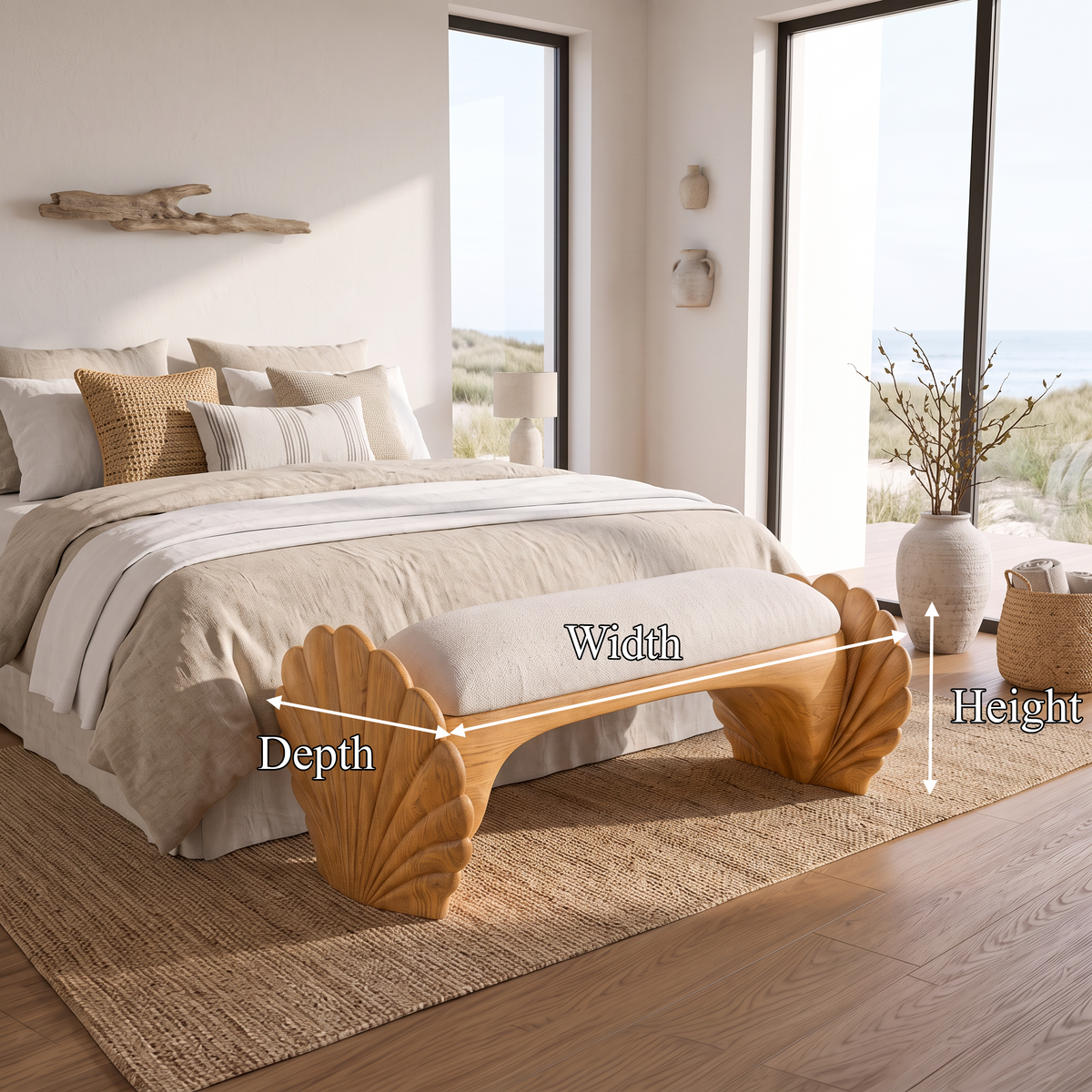 Natural Accent Bench With Seashell Carved Design For Bedroom