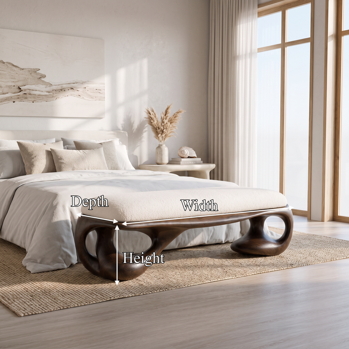 Modern Halloween Upholstered Bench With Sculptural Curved Frame For Bedroom And Entryway