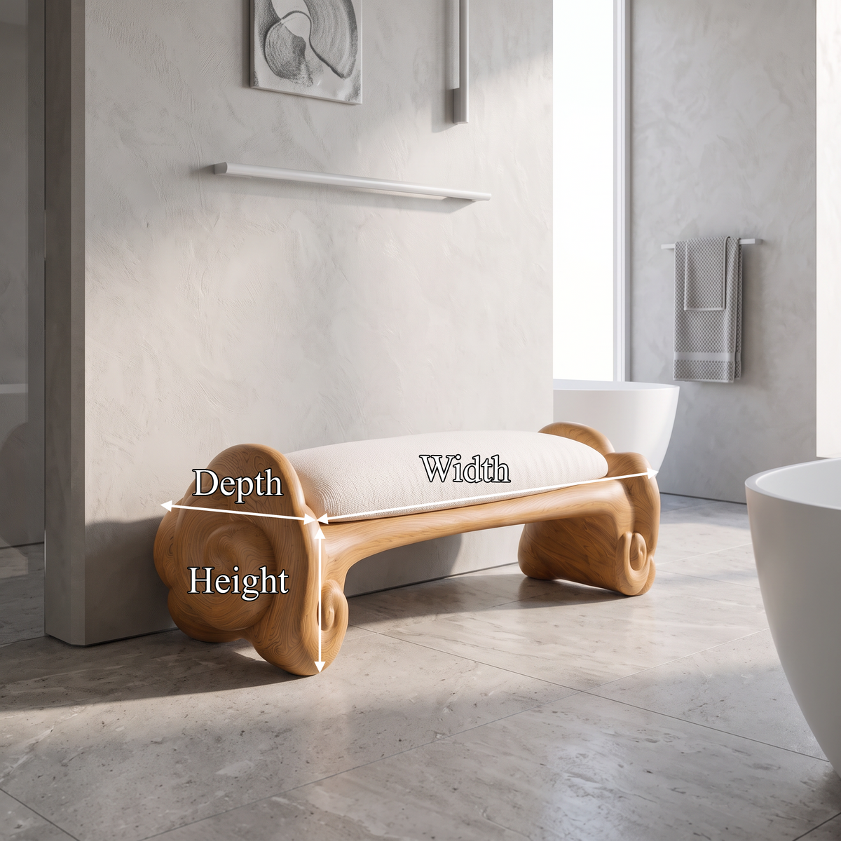 Minimalist Accent Bench With Rounded Cloud Shaped Legs For Bathroom