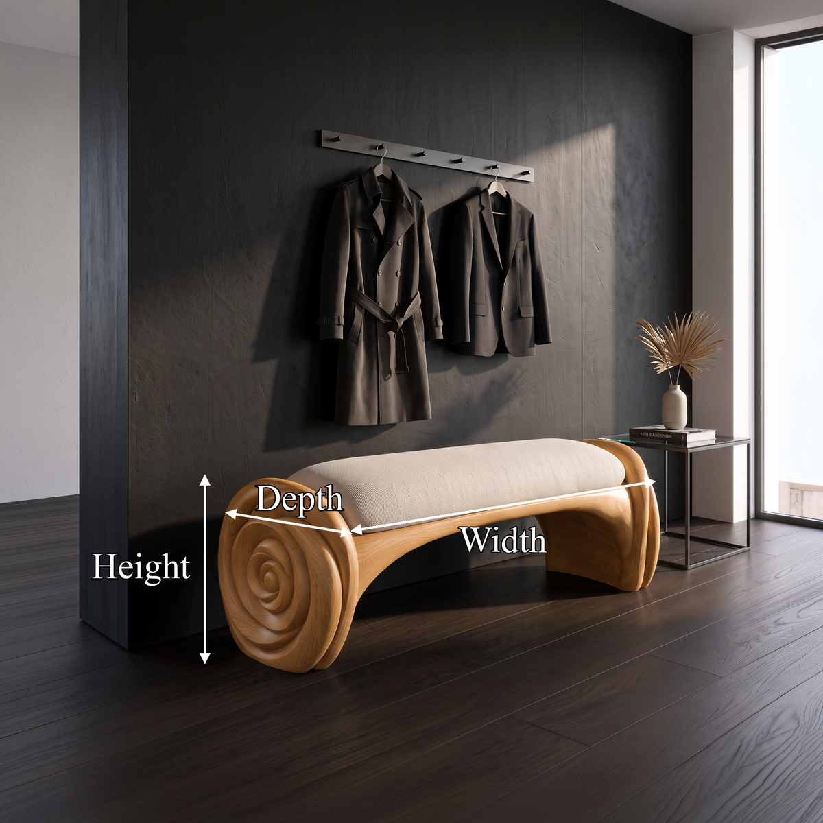 Natural Halloween Accent Bench With Carved Petal Form Legs For Dressing Room