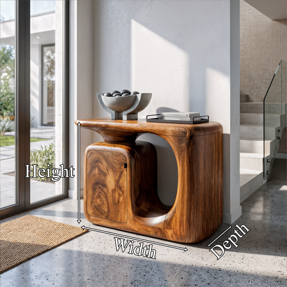 Modern Sculptural Console Table With Rounded Storage Cabinet For Entryway