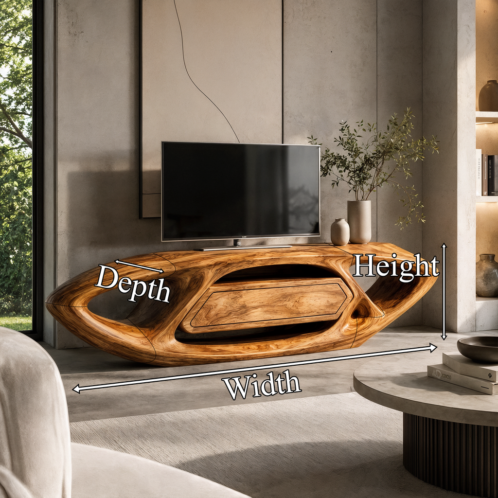 Contemporary TV Cabinet With Sculptural Oval Frame And Open Storage For Living Room