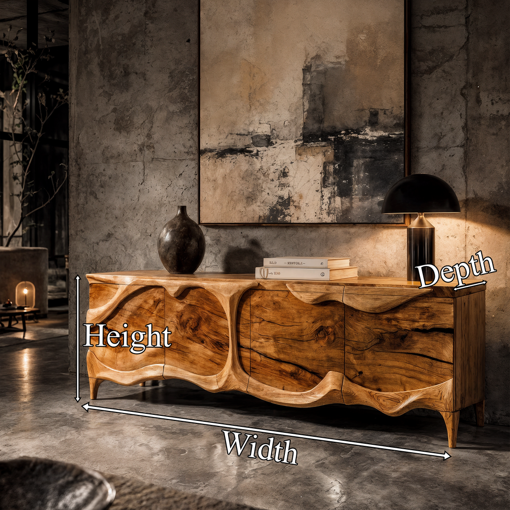 Rustic Sideboard With Sculptural Front Design For Living Room