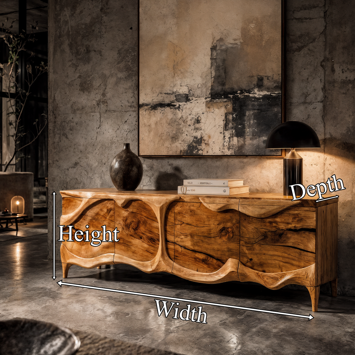 Rustic Sideboard With Sculptural Front Design For Living Room