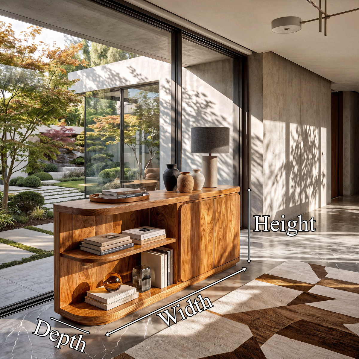 Modern Sideboard With Rounded Frame And Open Storage For Living Room