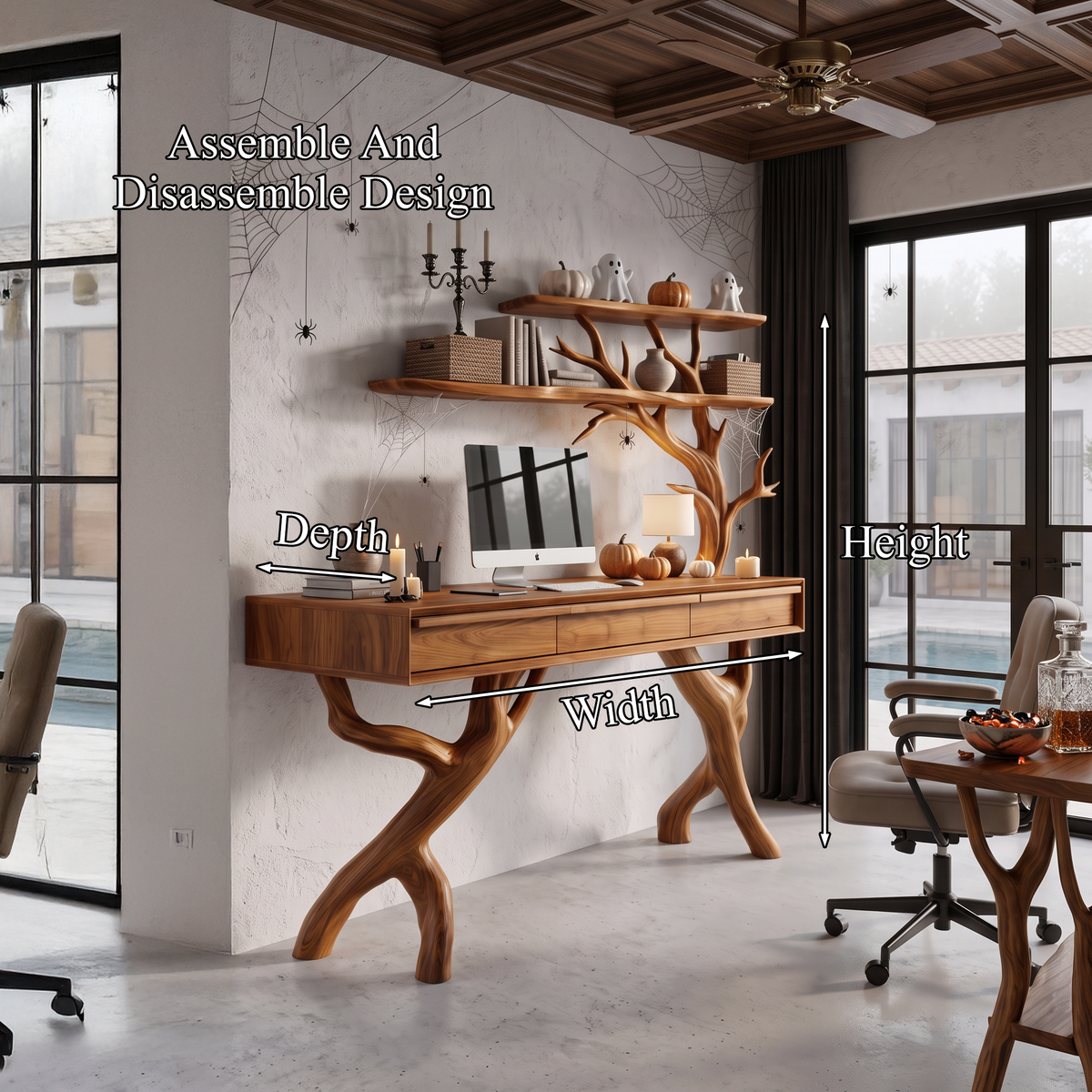 Rustic Tree Branch Desk With Halloween Spider Web Shelves For Home Office