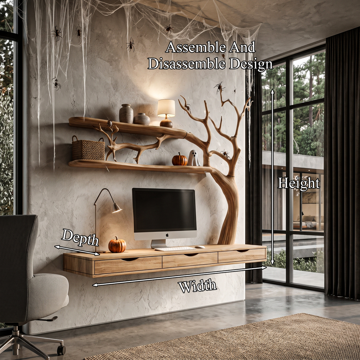 Natural Halloween Desk With Drawers And Spooky Branch Design For Home Office