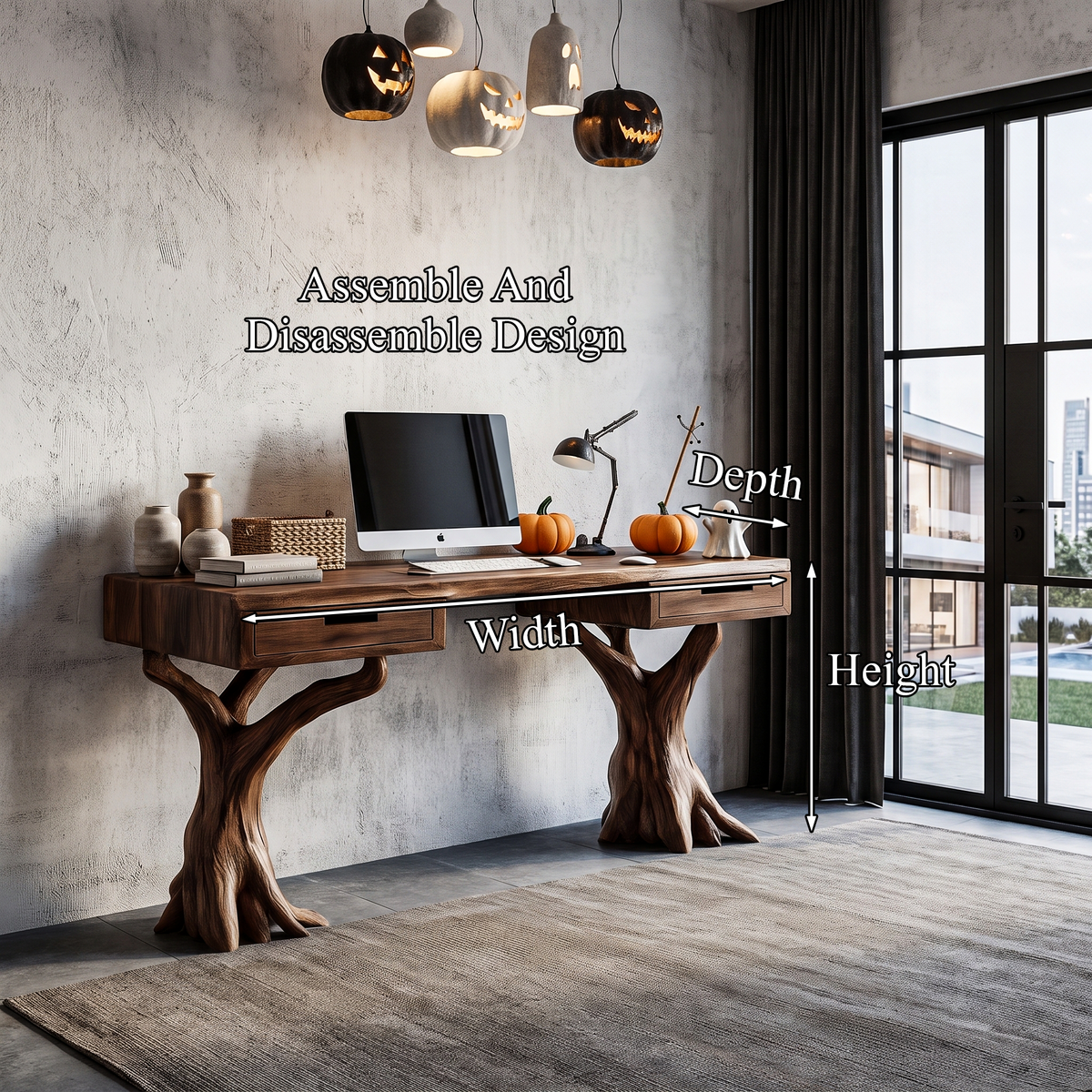 Contemporary Halloween Storage Desk With Pumpkin Display Shelves For Home Office