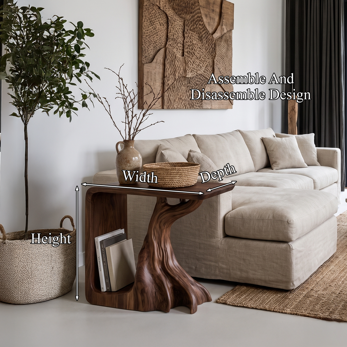 Rustic Sculptural Bedside Table With Root Inspired Base For Living Room
