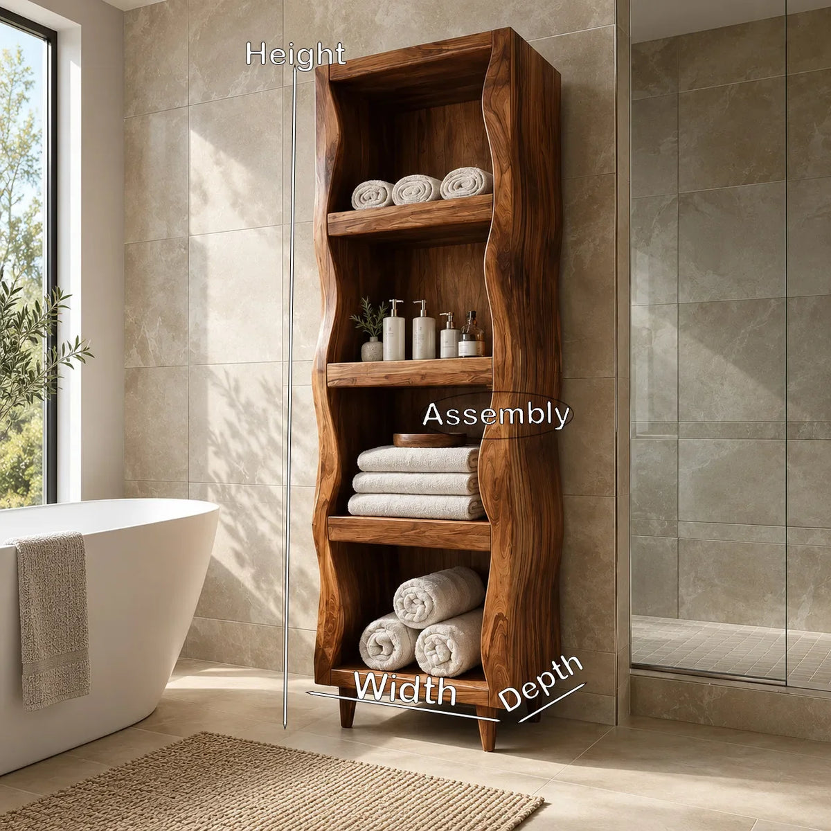 Sculptural Wavy Bathroom Cabinet With Open Shelves For Bathroom