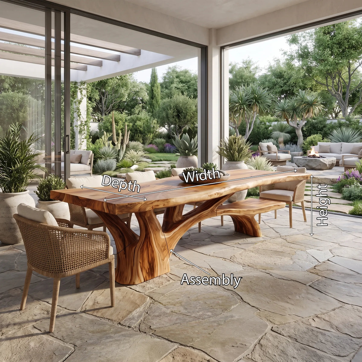 Natural Outdoor Dining Table Rectangle Dining Table Branch Base For Covered Patio