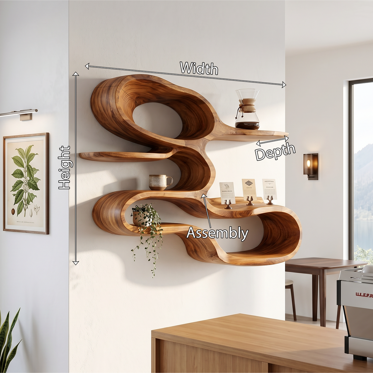 Modern Sculptural Wooden Wall Shelves For Coffee Bar