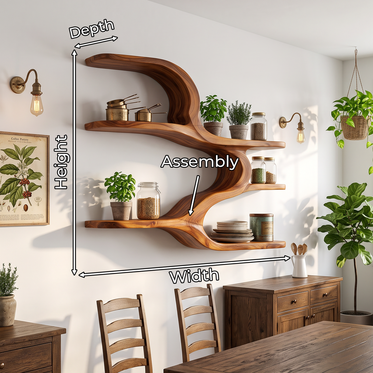 Organic Sculptural Wooden Wall Shelves For Dining Room
