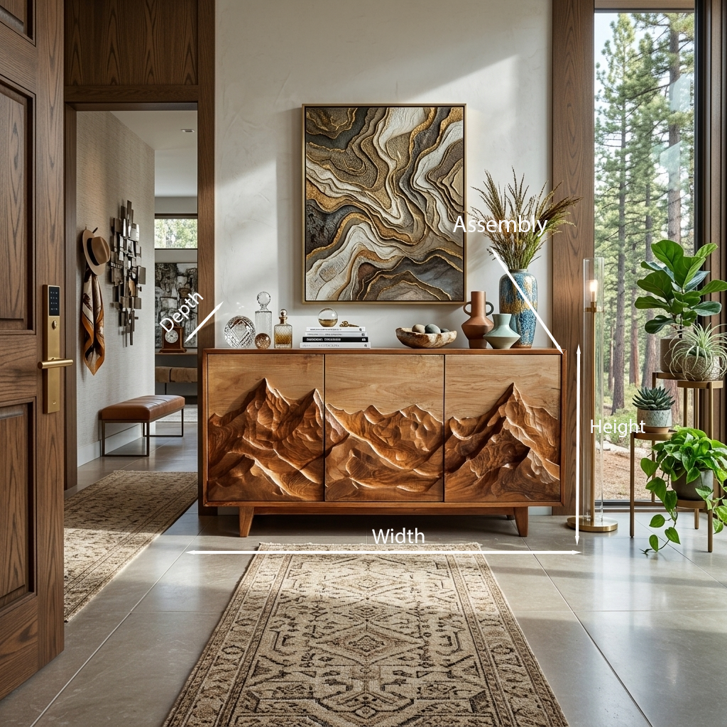 Modern Wood Sideboard With Mountain Relief For Home Interior