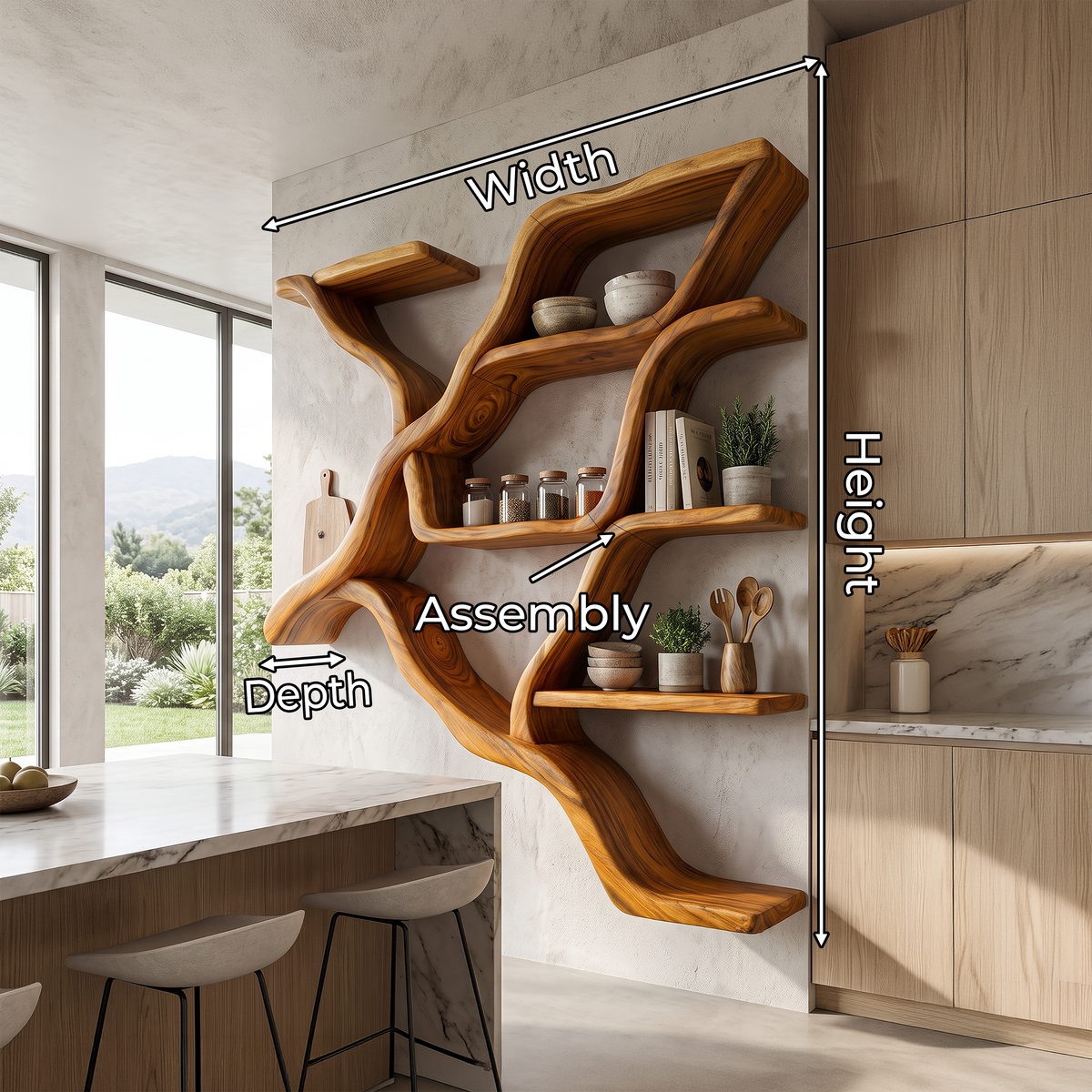 Organic Tree Branch Wall Mounted Shelves For Kitchen