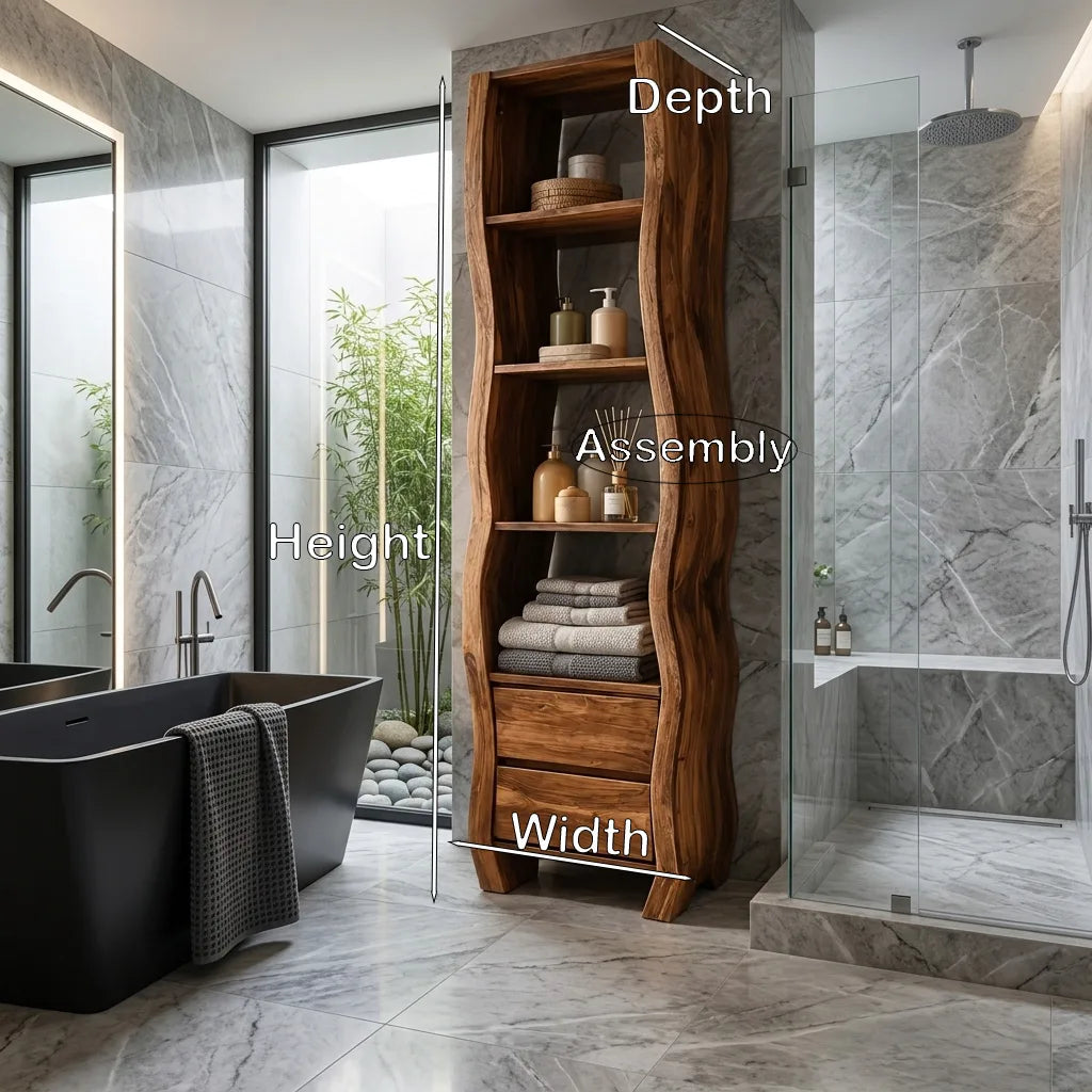 Sculptural Bathroom Cabinet With Open Shelves And Drawers For Bathroom