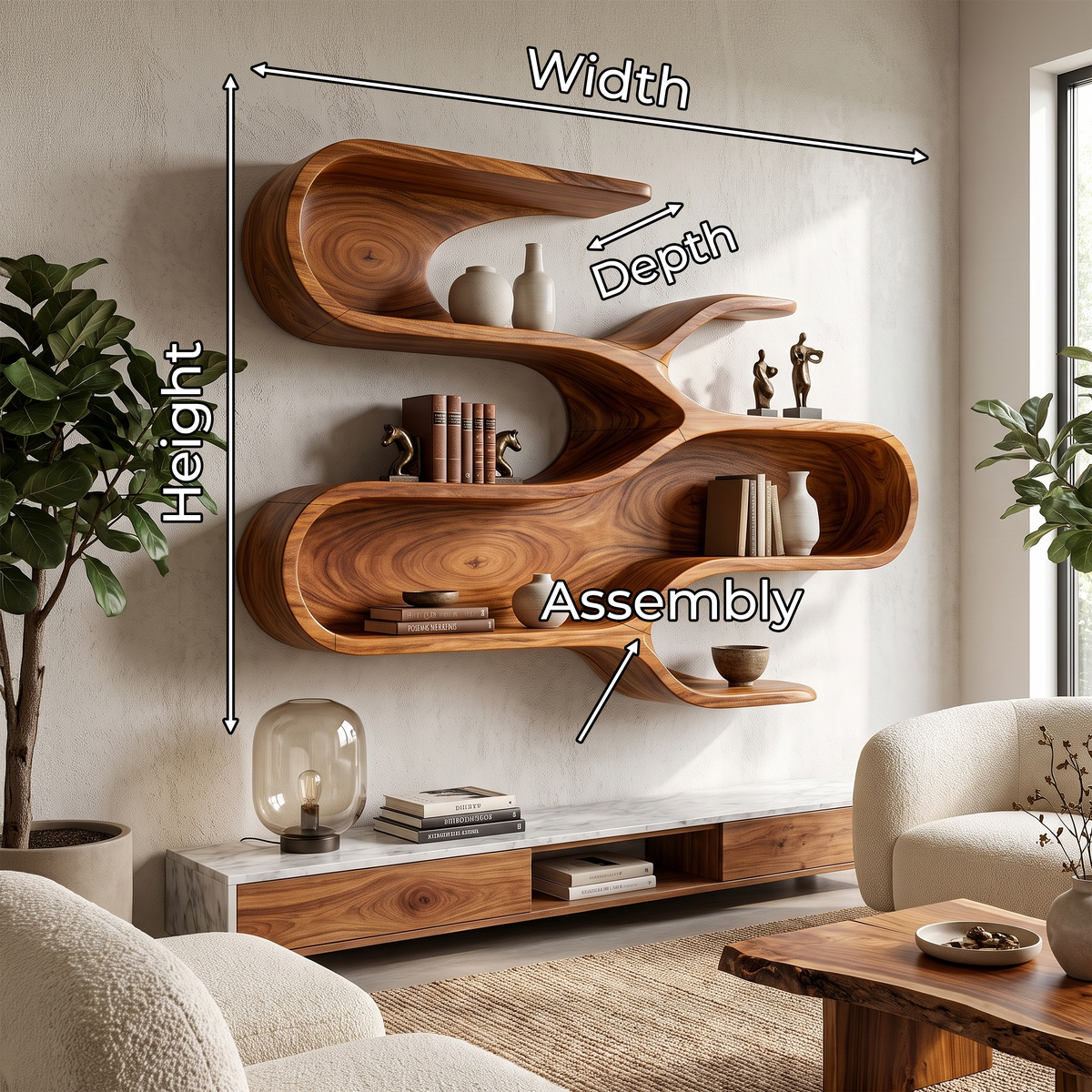 Modern Sculptural Floating Shelves For Living Room