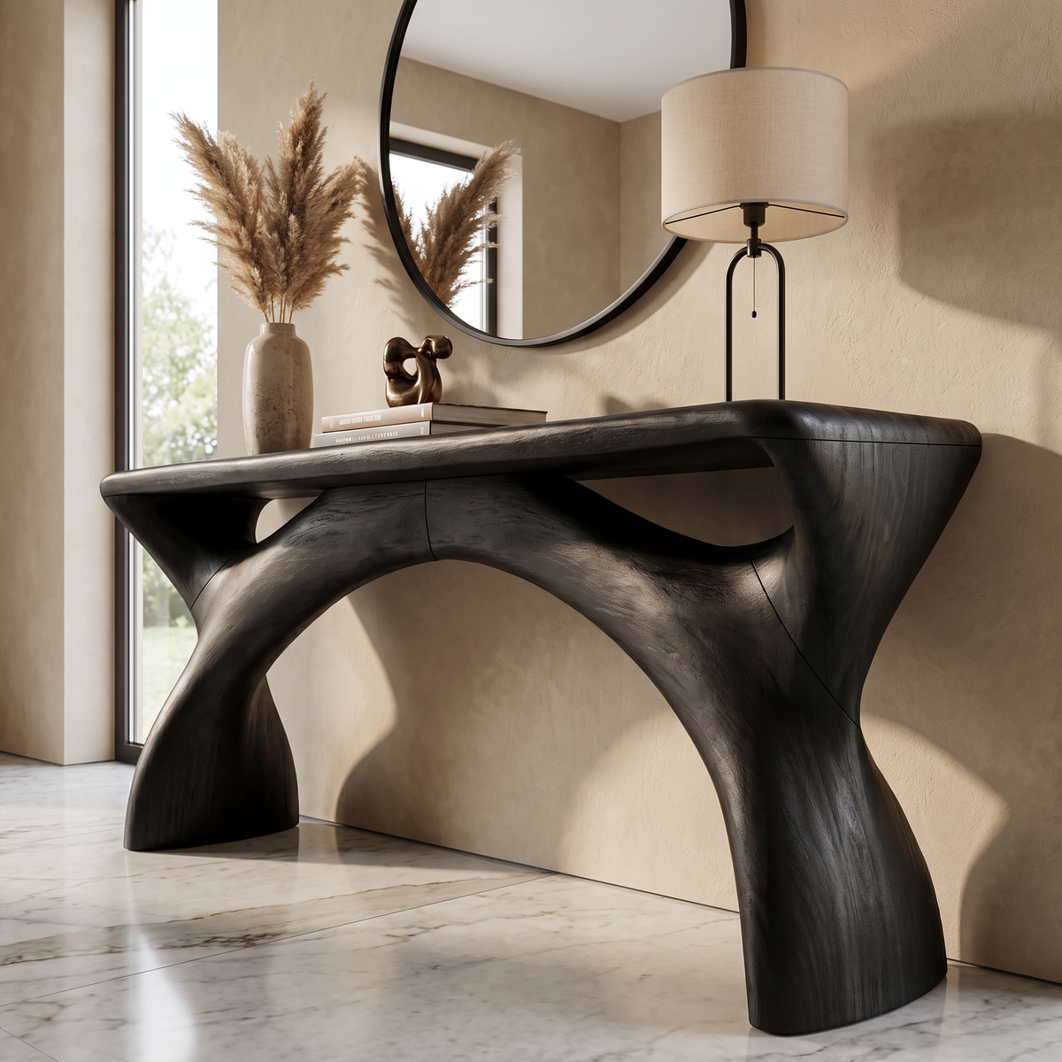 Mid Century Console Table With Flowing Curved Frame For Entryway