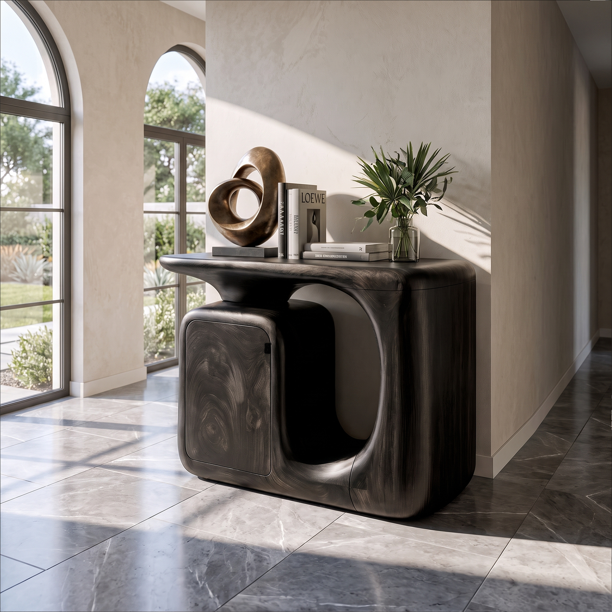 Modern Sculptural Console Table With Rounded Storage Cabinet For Entryway