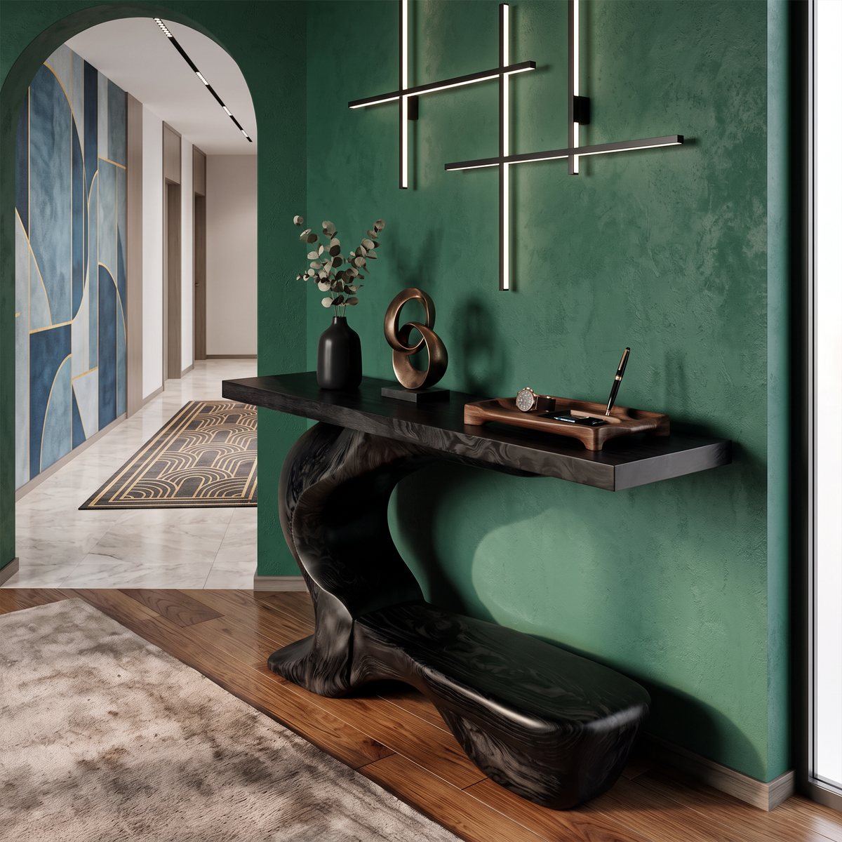 Rustic Sculptural Console Table With Curved Base For Entryway