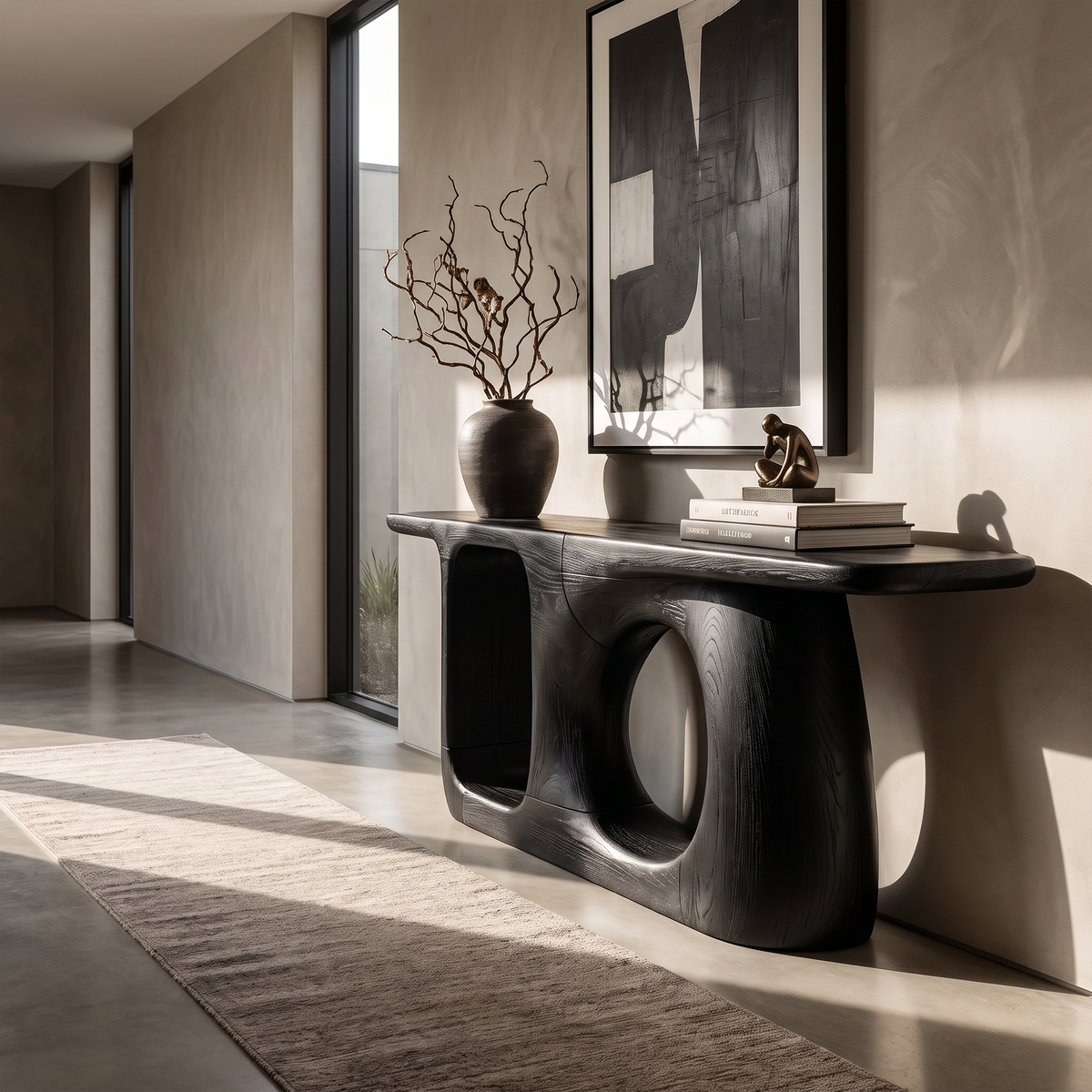Organic Console Table With Sculptural Open Frame For Entryway