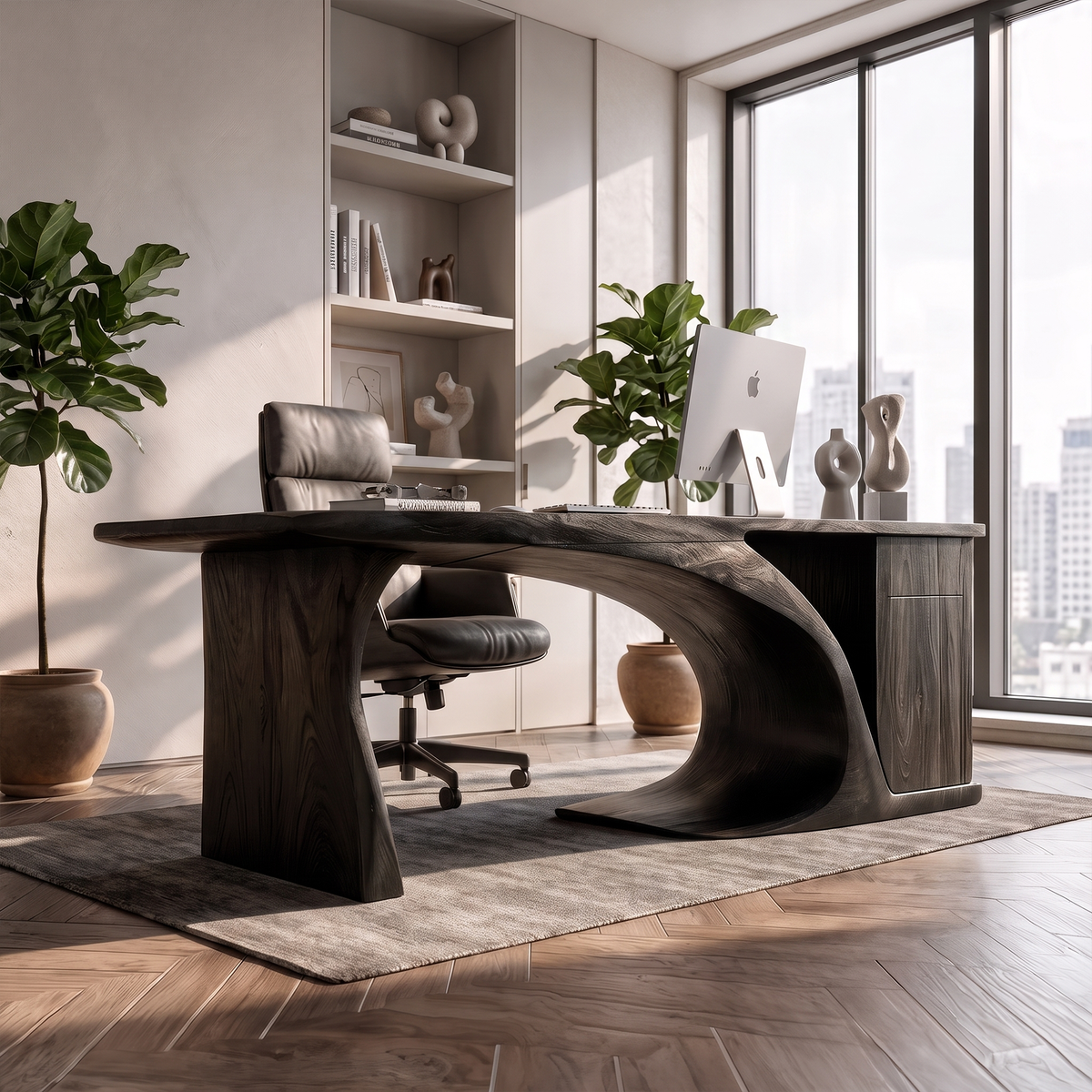 Modern Sculptural Desk With Curved Base And Storage For Home Office