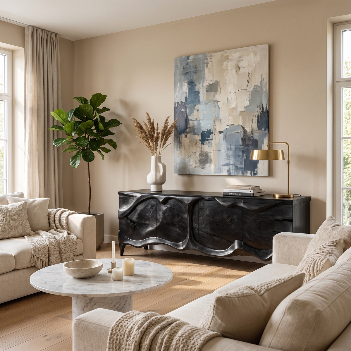 Rustic Sideboard With Sculptural Front Design For Living Room