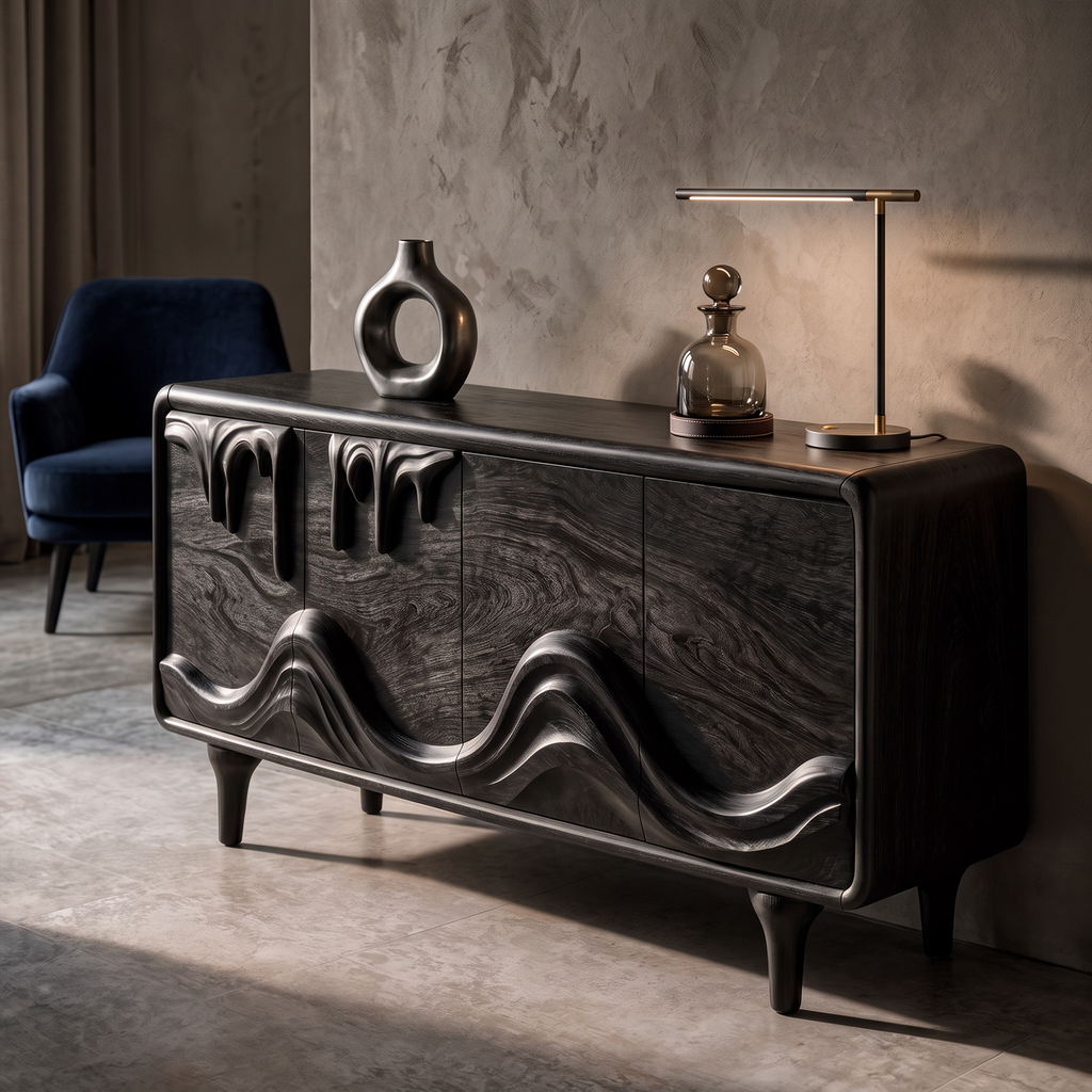 Mid Century Sideboard With Intricately Carved Front Design For Living Room
