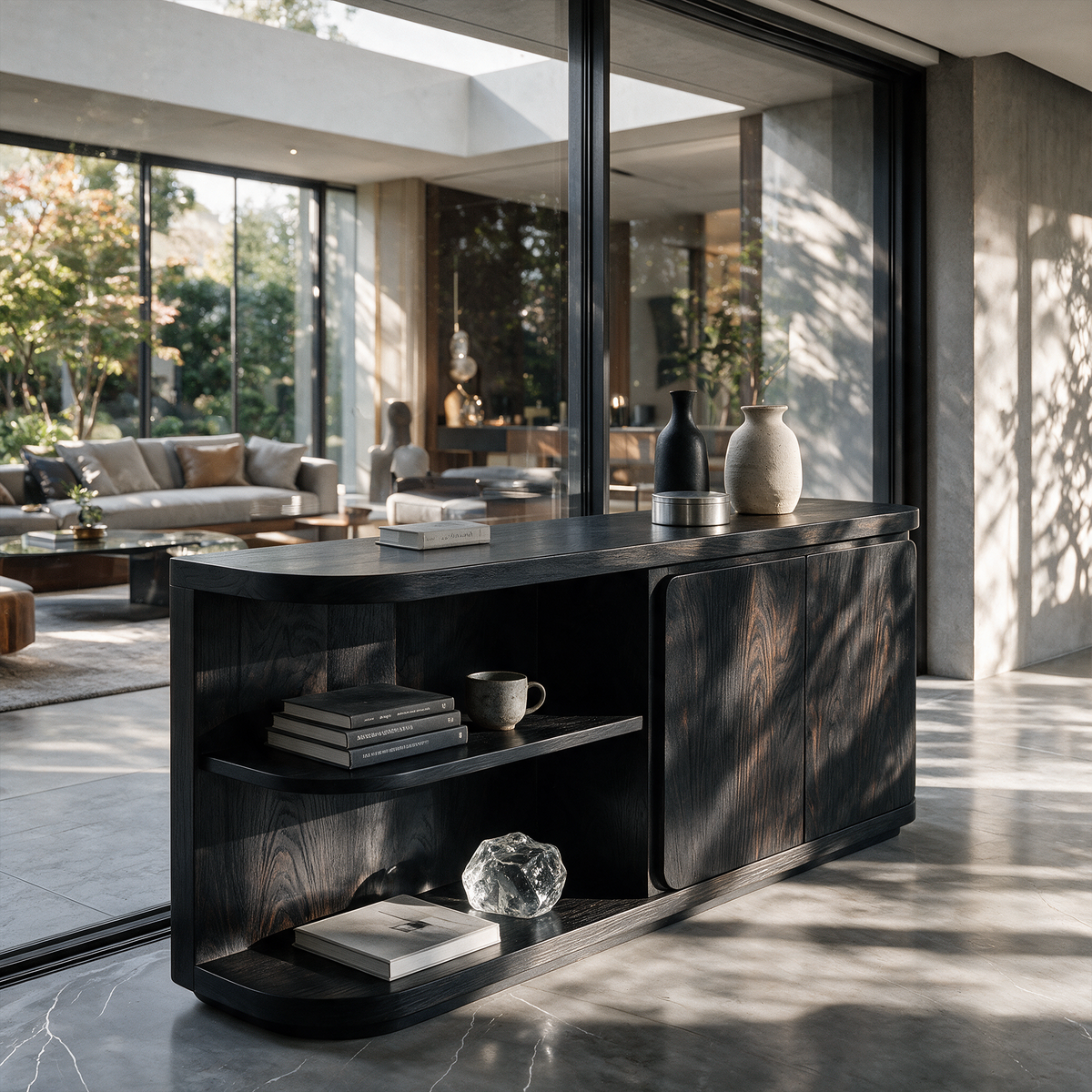 Modern Sideboard With Rounded Frame And Open Storage For Living Room
