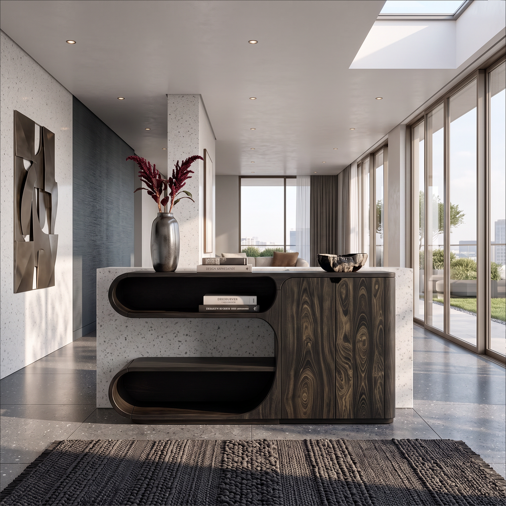 Modern Sideboard With Rounded Display Compartments For Living Room