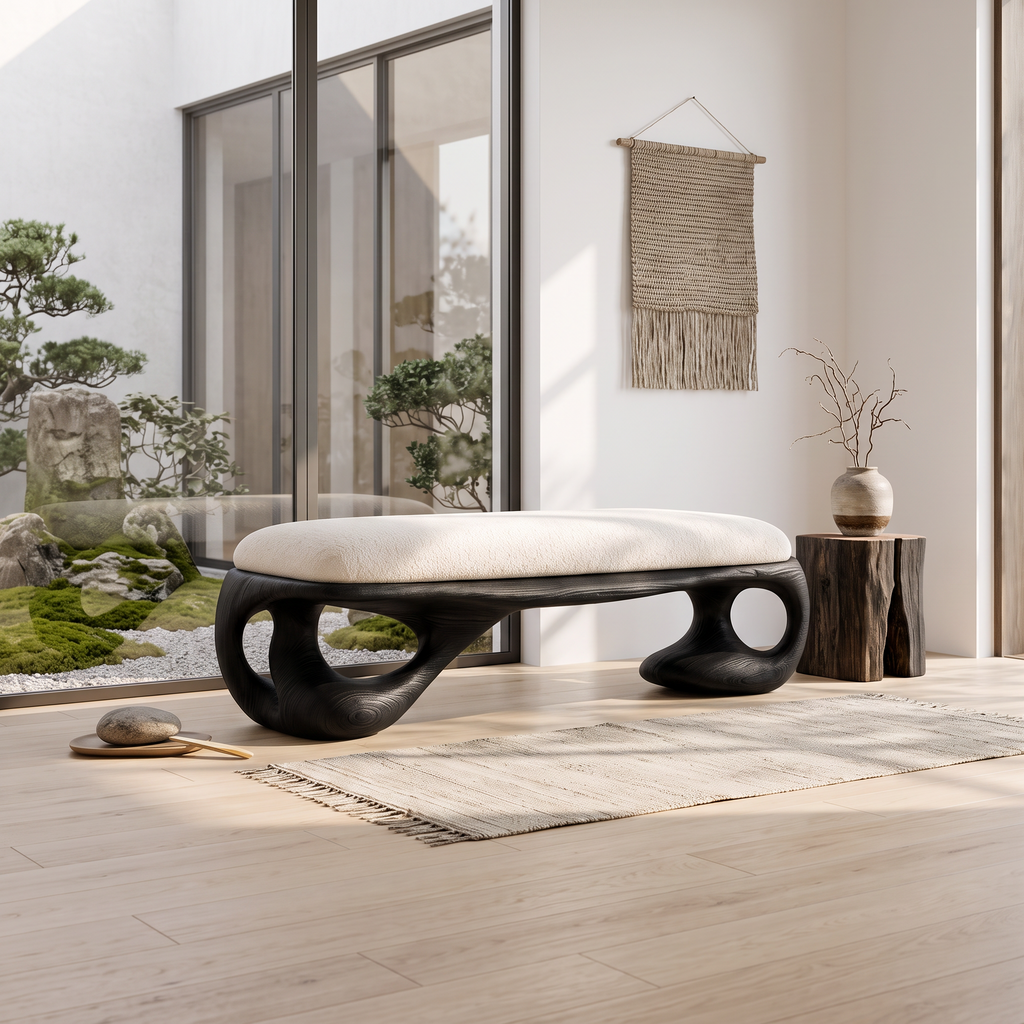 Modern Halloween Upholstered Bench With Sculptural Curved Frame For Bedroom And Entryway