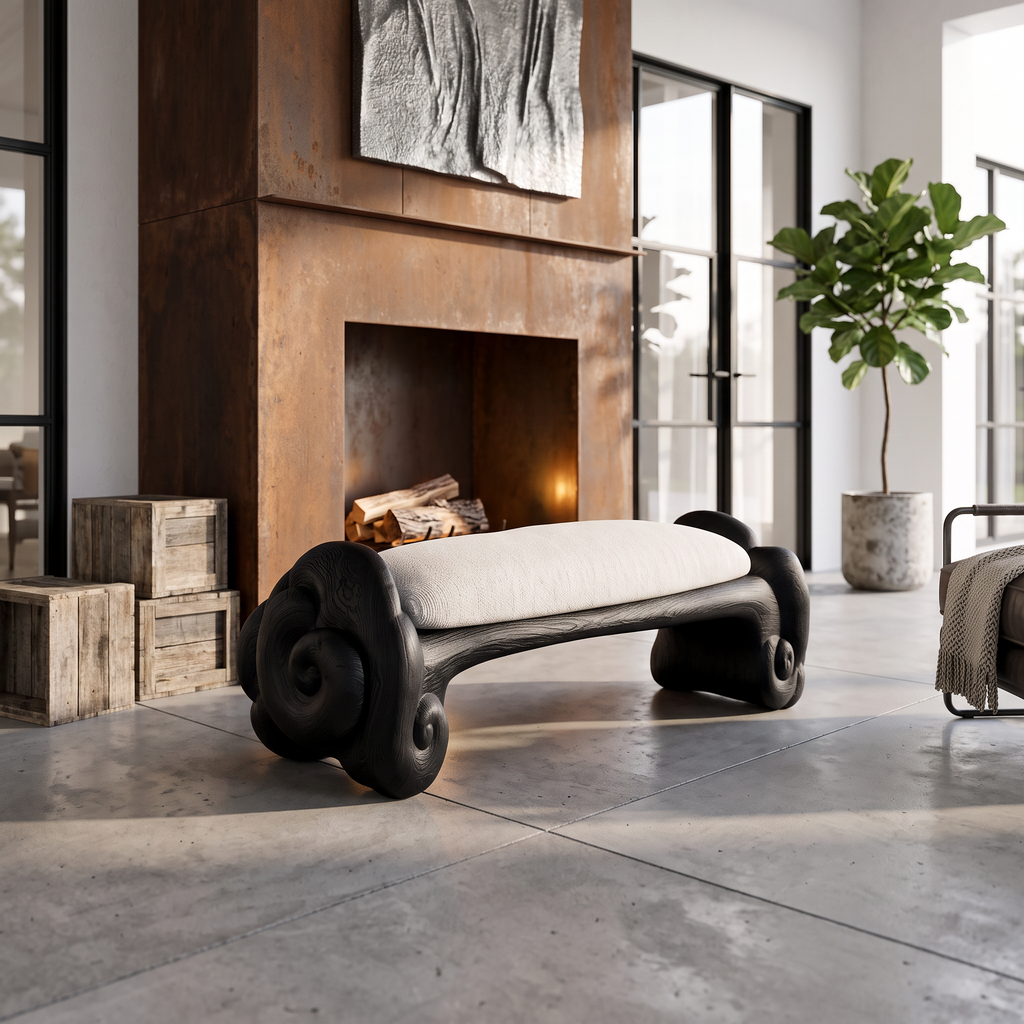 Minimalist Accent Bench With Rounded Cloud Shaped Legs For Bathroom