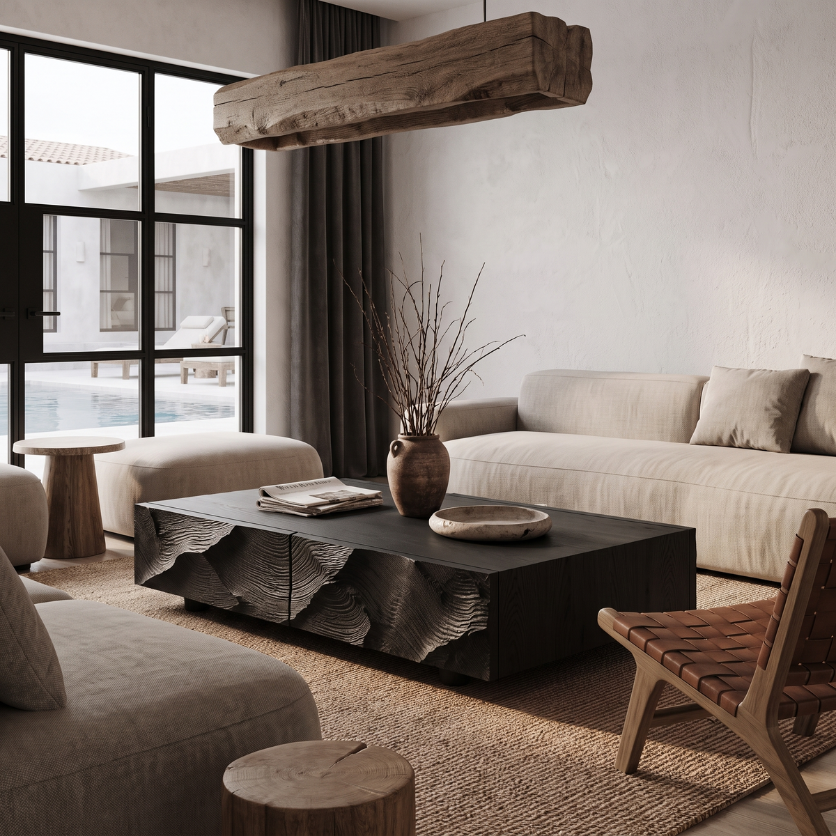 Contemporary Coffee Table With Sculptural Carved Drawer Front For Living Room