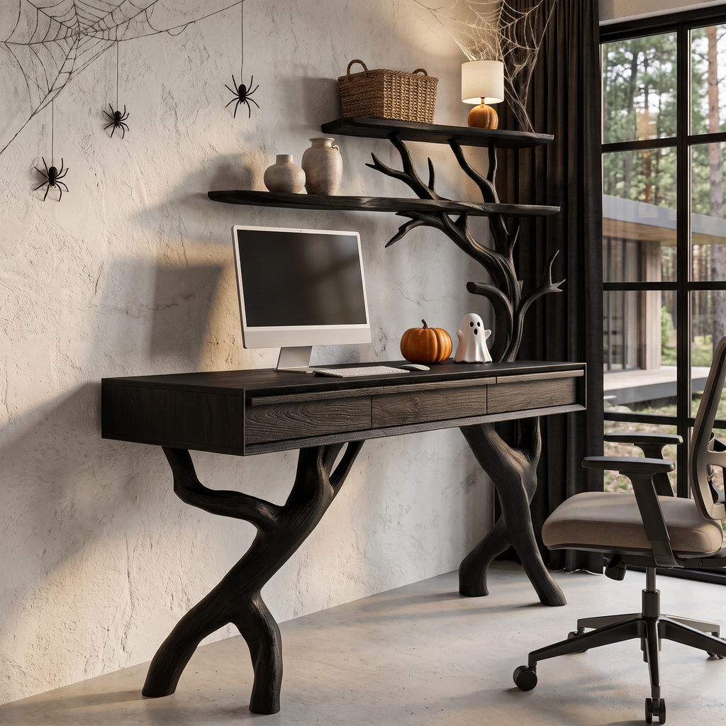 Rustic Tree Branch Desk With Halloween Spider Web Shelves For Home Office