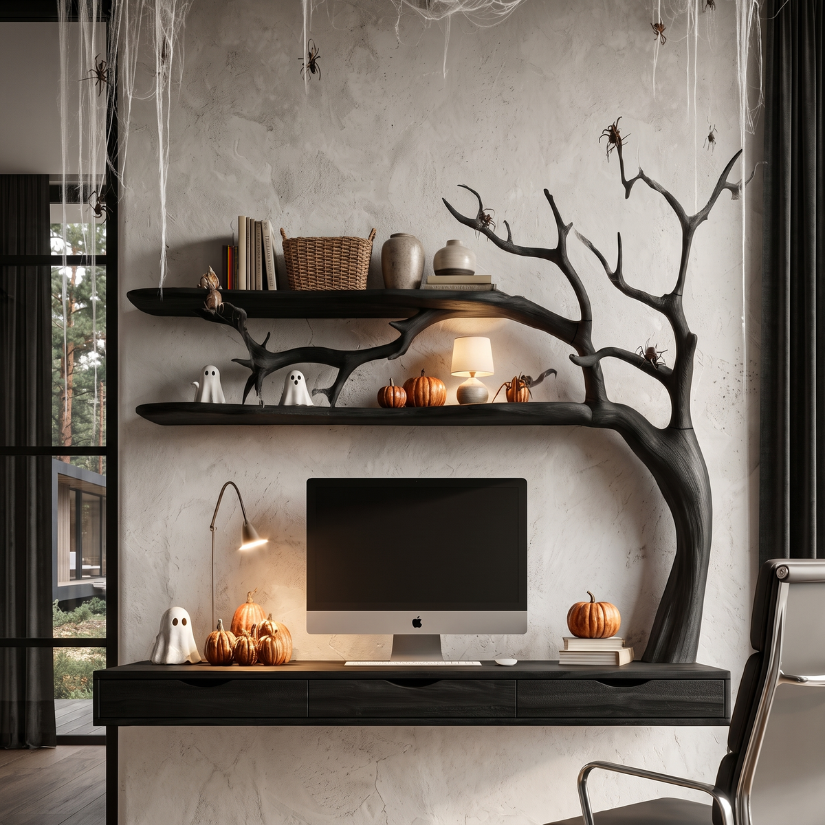 Natural Halloween Desk With Drawers And Spooky Branch Design For Home Office