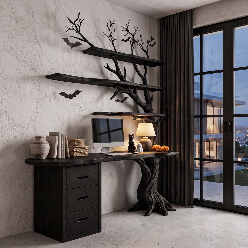 Contemporary Halloween Writing Desk With Haunted Tree Silhouette For Bedroom